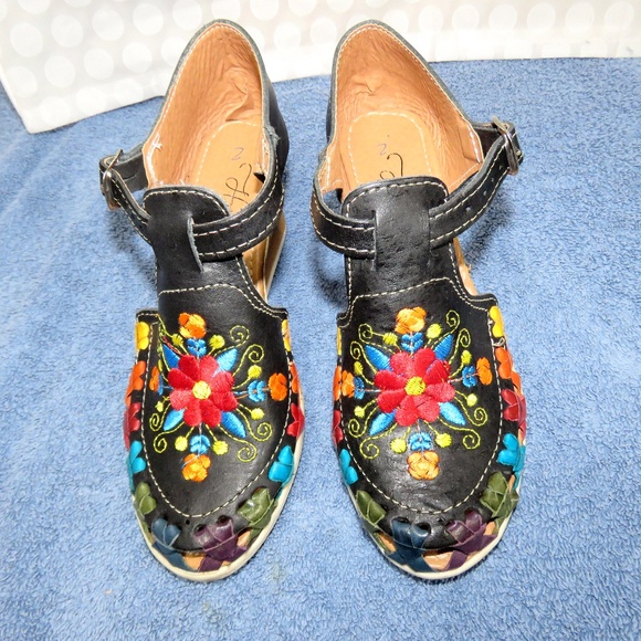 Huarache Handmade Black Leather Wedge Shoes 6 - Picture 1 of 6
